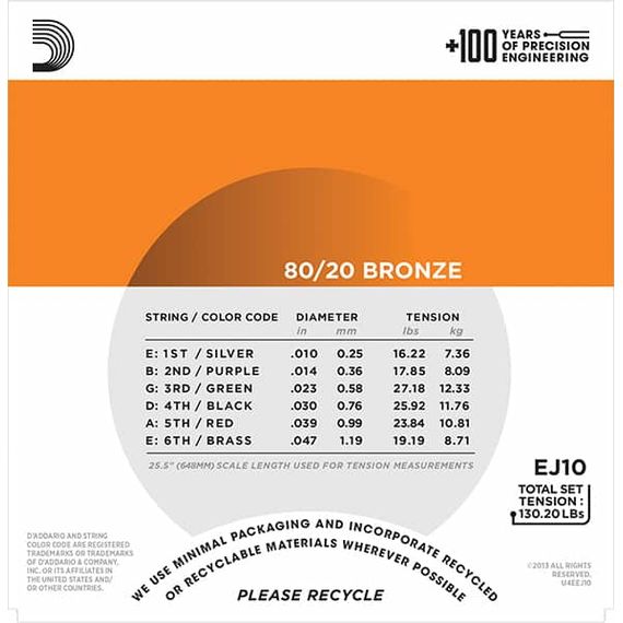 EJ10 BRONZE 80/20 Струны для акустической гитары бронза Extra Light 10-47 D`Addario