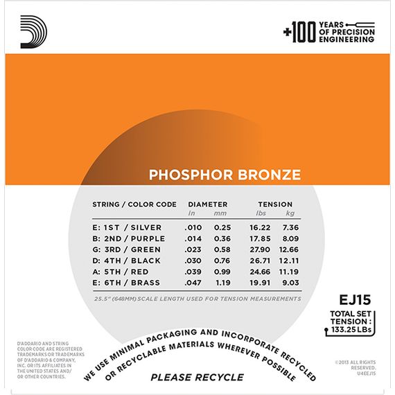 EJ15 PHOSPHOR BRONZE Струны для акустической гитары фосфорная бронза Extra Light 10-47 D`Addario