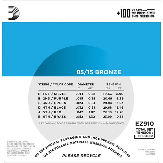 EZ910 AMERICAN BRONZE 85/15 Струны для акустической гитары Light 11-52 D`Addario EZ910