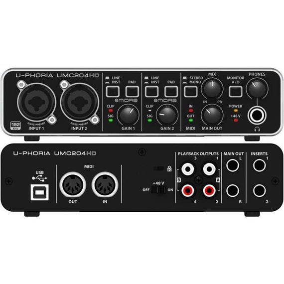BEHRINGER UMC204HD - аудиоинтерфейс USB, 2входа, 4 выхода, микр. предусилители MIDAS, 24-Bit/192 kHz