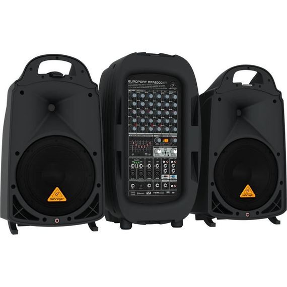 BEHRINGER PPA2000BT портативная система звукоусиления, 8 канальный активный микшер 2х500Вт и 2 АС 10"+1", 7 полос GEQ с FBQ, FX, Bluetooth, Стаканы