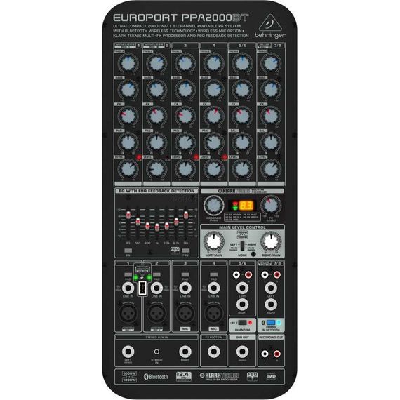 BEHRINGER PPA2000BT портативная система звукоусиления, 8 канальный активный микшер 2х500Вт и 2 АС 10"+1", 7 полос GEQ с FBQ, FX, Bluetooth, Стаканы