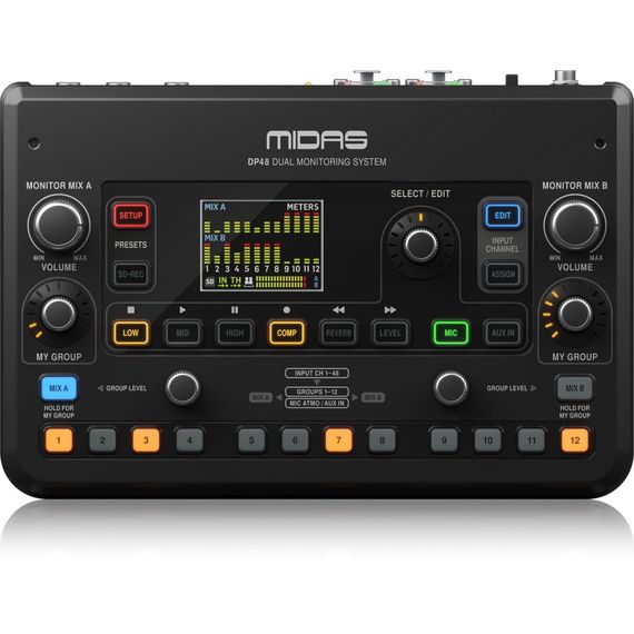 MIDAS DP48 мониторный микшер персональный, 48 каналов, 2 микса, 2 выхода на наушн, AES50 In/Thru, SD-карта, встр. микрофон окружения