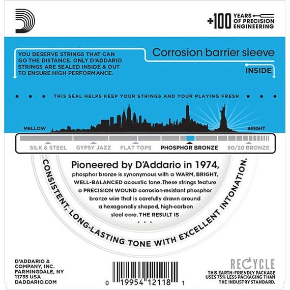 D'ADDARIO EJ38 Набор 12 струн для гитары акустической фосфор-бронза 010-047