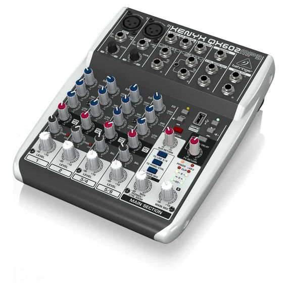 BEHRINGER QX602MP3 аналоговый микшер, 6 каналов, 2 мик. +2 лин. cтерео +1 AUX RET, 1 AUX, Main L/R- Jack, USB MP3-плеер