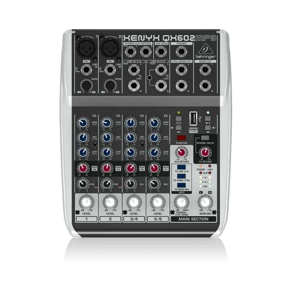 BEHRINGER QX602MP3 аналоговый микшер, 6 каналов, 2 мик. +2 лин. cтерео +1 AUX RET, 1 AUX, Main L/R- Jack, USB MP3-плеер