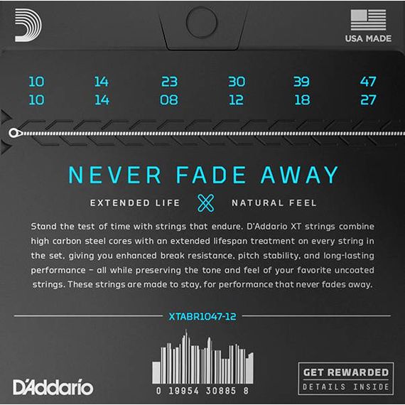 D'ADDARIO XTABR1047-12 XT Комплект струн для 12-струнной акуст.гитары, бронза, 10-47, с покрытием