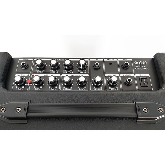 ​BG MG50 Усилитель гитарный комбо, 50 Вт, 12", Input, (Clean) Volume, Channel S/ W, (Drive) Gain, Level, Bass, Middle, MID-Freq, Treble, (effect) Chorus, Delay, MIC Input, AUX/MP3 Input Stereo and Headphone.