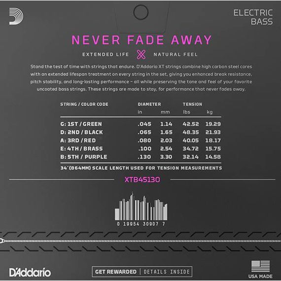 D'ADDARIO XTB45130 XT Комплект струн для 5-струнной бас-гитары, никелированные, 45-130, с покрытием