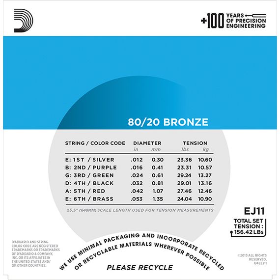 EJ11 BRONZE 80/20 Струны для акустической гитары бронза Light 12-53 D`Addario