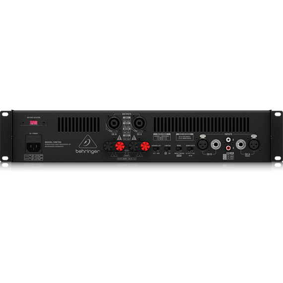 BEHRINGER KM750 усилитель 2-канальный. Мощность (на канал): 400Вт•4Ω, 200Вт•8Ω, мост 750Вт•4Ω, XLR/Jack/RCA, клеммный зажим+Speakon, лимитер