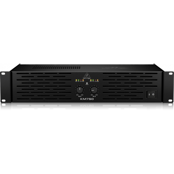 BEHRINGER KM750 усилитель 2-канальный. Мощность (на канал): 400Вт•4Ω, 200Вт•8Ω, мост 750Вт•4Ω, XLR/Jack/RCA, клеммный зажим+Speakon, лимитер