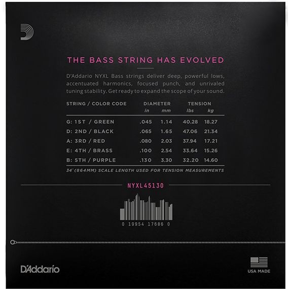 D'ADDARIO NYXL45130 NYXL Комплект струн для 5-струнной бас-гитары, Long Scale, Reg Light, 45-130