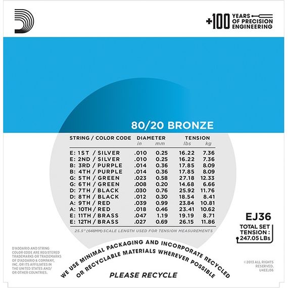 ​D'ADDARIO EJ36 BRONZE 80/20 Струны для акустической 12-струнной гитары бронза Light 10-47
