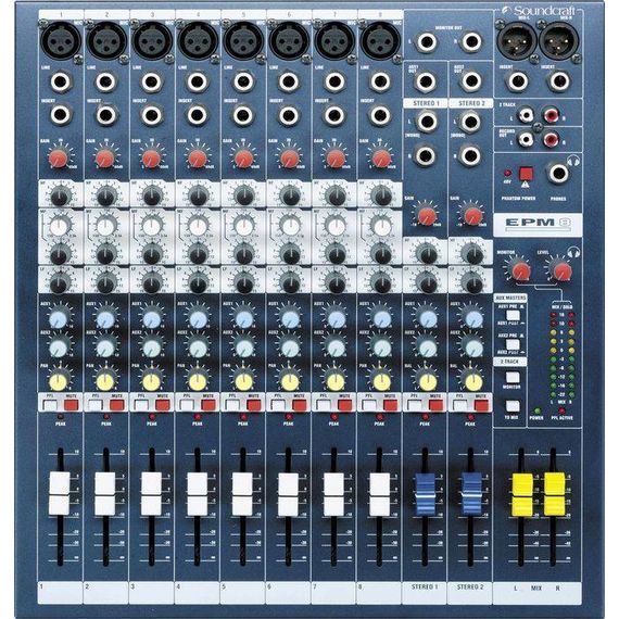 ​SOUNDCRAFT EPM8 микшерный пульт 8 моно, 2 стерео, 2 Aux, фейдеры 60мм. Возможен монтаж в рэк, крепления приобретаются отдельно