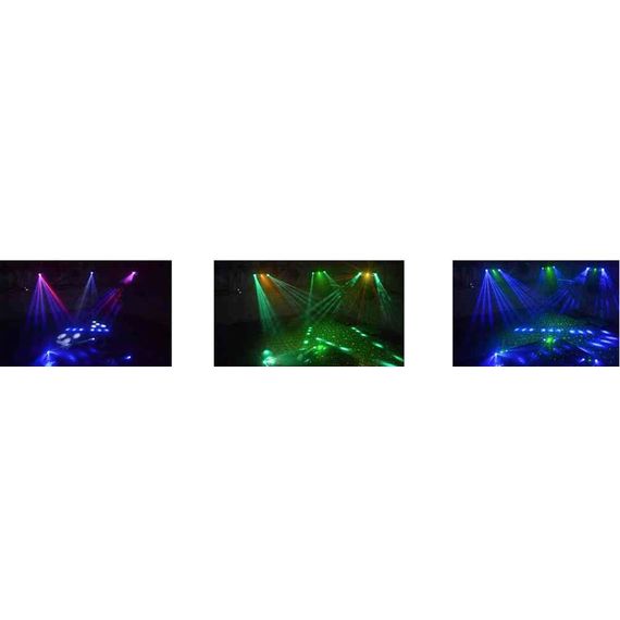 LED STAR Multi EFX5 Эффект светодиодный, четыре эффекта в одном приборе: "дерби" и стробоскоп, лазерный эффект, лунный цветок, DMX, master/slave, звуковая активаци. Сетодиоды: 6х3Вт RGBWAUV "дерби", 2