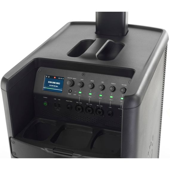 JBL EON ONE MK2 аккумуляторная акустическая система. НЧ 1х10”, ВЧ 8х 2”, SPL 123 дБ, раскрытие 140°H x 30°V, частотная характеристика 37 Гц–20 кГц