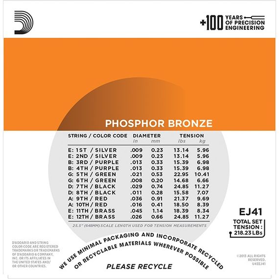 D'ADDARIO EJ41 Phosphor Bronze Комплект струн для акустической 12-струнной гитары, Extra Light, 9-45