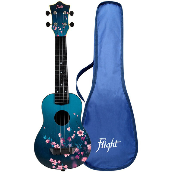 FLIGHT TUS-32 SAKURA укулеле сопрано, Travel, черная с рисунком сакура, верхняя дека липа, корпус пластик