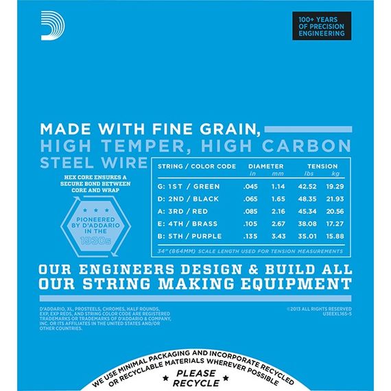 D'ADDARIO EXL160-5 Набор 5 струн для бас-гитары никель 050-135