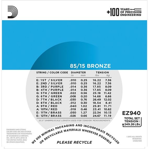 D'ADDARIO EZ940 Набор 12 струн для гитары акустик бронза 010-050
​