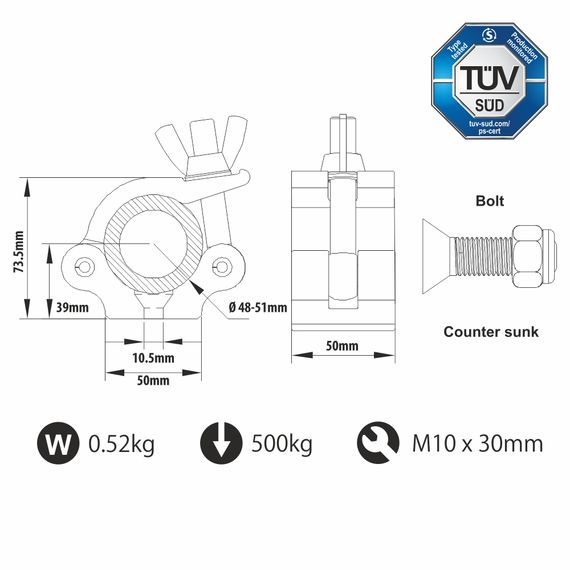 KUPO KCP-830 Струбцина большая, до 300 кг,Для труб диаметром D 48-51 мм,SLIM HALF COUPLER для подвеса и крепления светового оборудования,Потайное отверстие с болтом М10 длиной 30 мм и гайкой,