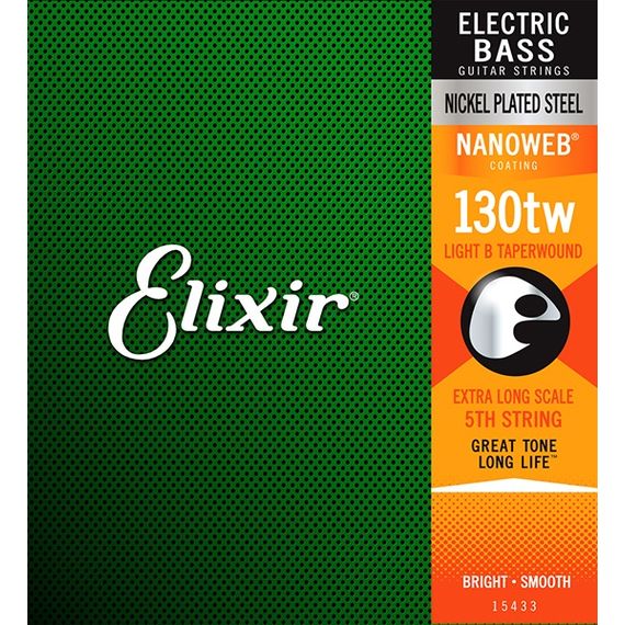 ELIXIR 15433 NANOWEB Отдельная 5-ая струна для бас-гитары, Medium B, .130, никелированная, сужающаяся оплетка