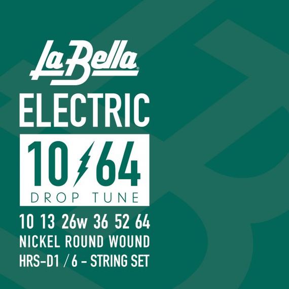 LA BELLA HRS-D1 Hard Rockin Steel Drop Six Комплект струн для электро-гитары. Верхние струны - сталь, басовые струны - стальной керн в никелированной оплетке. Обладают очень ярким и продолжительным звуком. 10-13-26w-36-52-64