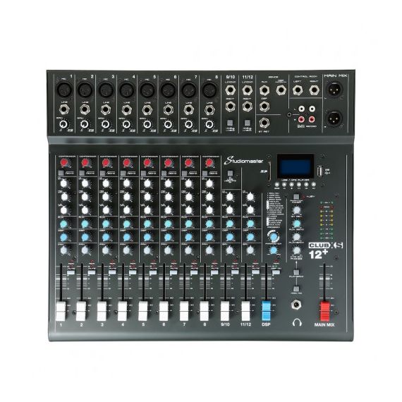 STUDIOMASTER CLUB XS12+ Компактный микшер. 8 микрофонных, 2 стерео входа. 3-х полосный эквалайзер. Обрезной фильтр и компрессор на микрофонных каналах. USB/SD mp3 проигрыватель/рекордер. Bluetooth. Высококачественные DSP эффекты.