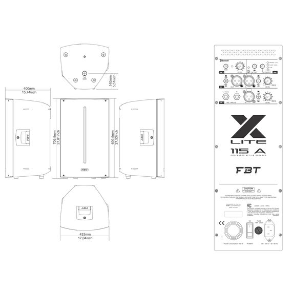 FBT X-LITE 115A Активная двухполосная би-амп, акуст.система, НЧ 1200 Вт+ВЧ 300Вт,42 Гц-20 кГц, SPL
