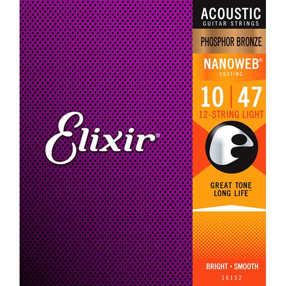 ELIXIR 16152 NANOWEB Комплект струн для 12-струнной акустической гитары, Light, фосф.бронза, 10-47