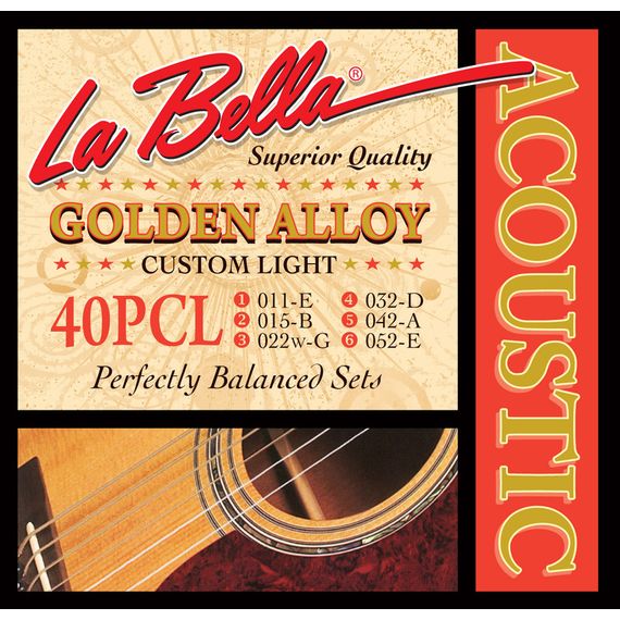 LA BELLA 40PCL Custom Light Струны для акустической гитары. Оплетка басовых струн - специальный "золотой" сплав бронзы. 011 015 022W 032 042 052
