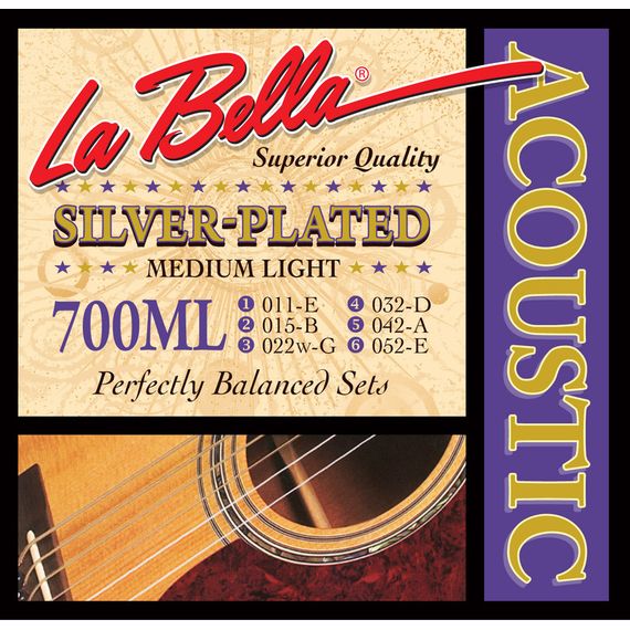 LA BELLA 700ML Комплект посеребренных струн для акустической гитары 011-052