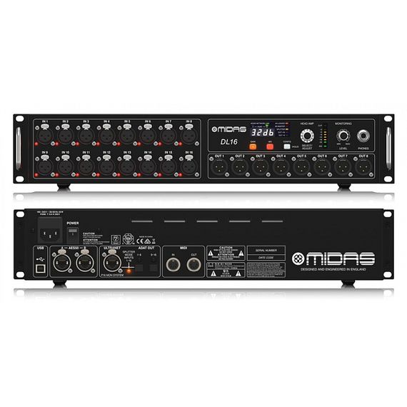 MIDAS DL16 стейдж-бокс, 16 мик/лин входов, 8 лин выходов XLR, 48 кГц, 2 x AES50, ULTRANET, 2 x ADAT,