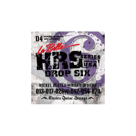 LA BELLA HRS-D4 Hard Rockin Steel Drop Six Комплект струн для электро-гитары. Верхние струны - сталь, басовые струны - стальной керн в никелированной оплетке. Обладают очень ярким и продолжительным звуком. 13-17-26w-42-54-70