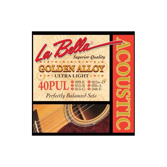 LA BELLA 40PUL Golden Alloy Комплект струн для акустической гитары, бронза, Ultra Light, 9-48