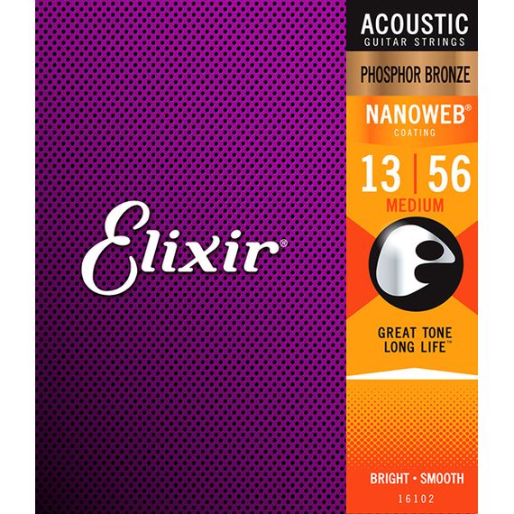 ELIXIR 16102 NANOWEB Комплект струн для акустической гитары, Medium, фосфорная бронза, 13-56