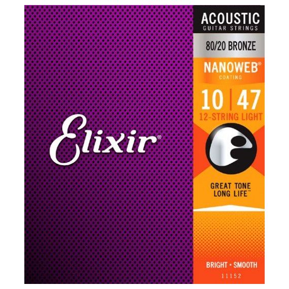 ELIXIR 11152 NANOWEB Комплект струн для 12-струнной акустической гитары, Light, бронза 80/20, 10-47
