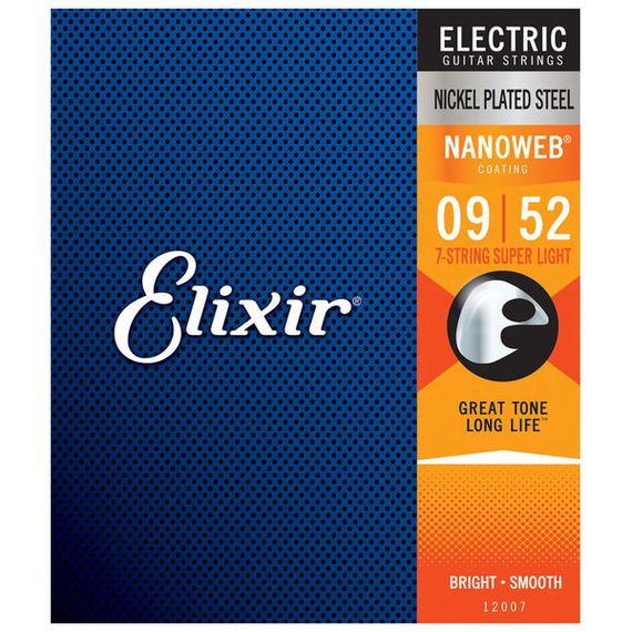ELIXIR 12007 NANOWEB Комплект струн для 7-струнной электрогитары, никелированная сталь, Super Light 9-52