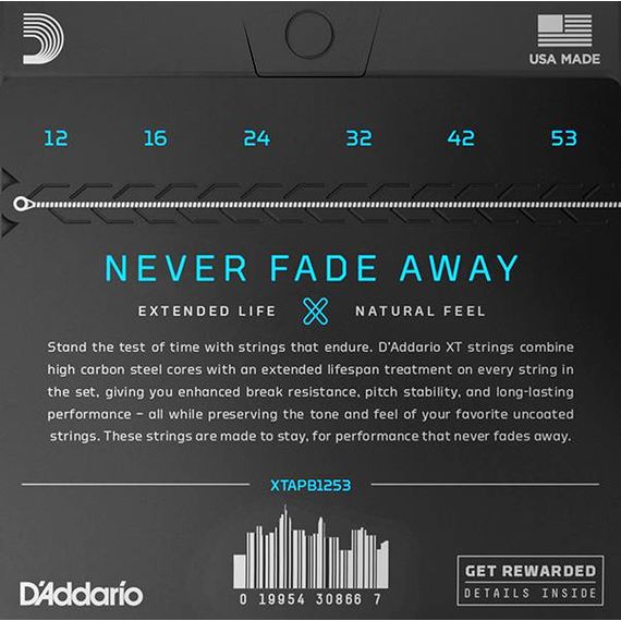 D'ADDARIO XTAPB1253 XT Комплект струн для акустической гитары, фосф.бронза, 12-53, с покрытием