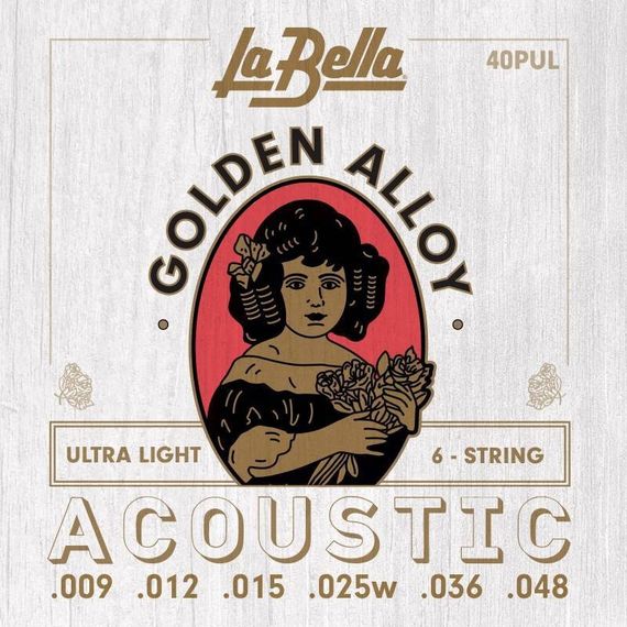 LA BELLA 40PUL Golden Alloy Комплект струн для акустической гитары, бронза, Ultra Light, 9-48