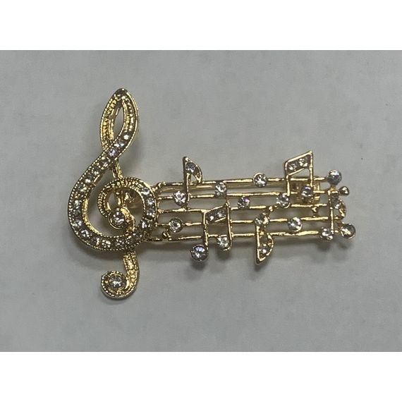 FASHION JEWELRY Брошь СКРИПИЧНЫЙ КЛЮЧ С НОТНЫМ СТАНОМ в стразах, цвет золото