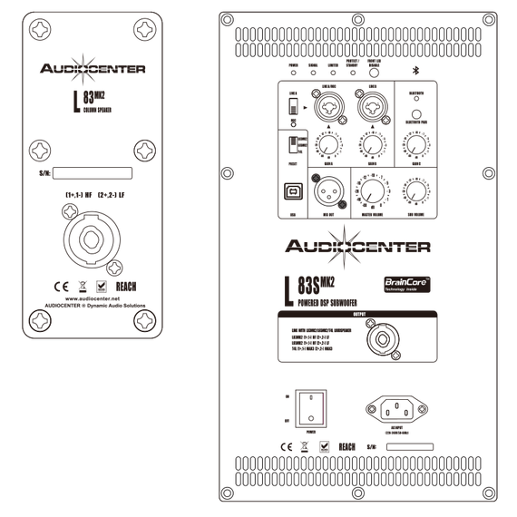 AUDIOCENTER L83/L83S MK2 активный акустический комплект 2х12"усилитель класса D.сабвуфер- сателит звуковая колонна 8х3" НЧ + 2х1" ВЧ
