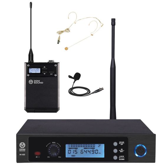 DDM SOUND M-60 Радиосистема UHF 1 головной микрофон ,1 петличный микрофон, 1 беспроводной поясной передатчик и база-приемник