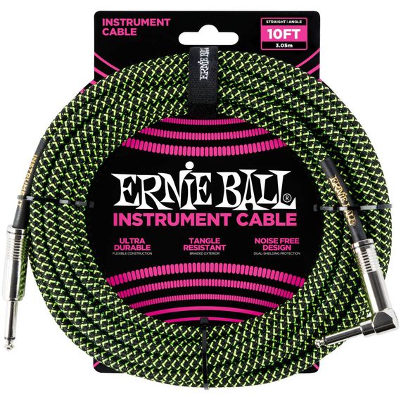 ERNIE BALL 6077 3.05М Кабель инструментальный, оплетёный, 3,05 м, прямой/угловой джеки, черный/зеленый