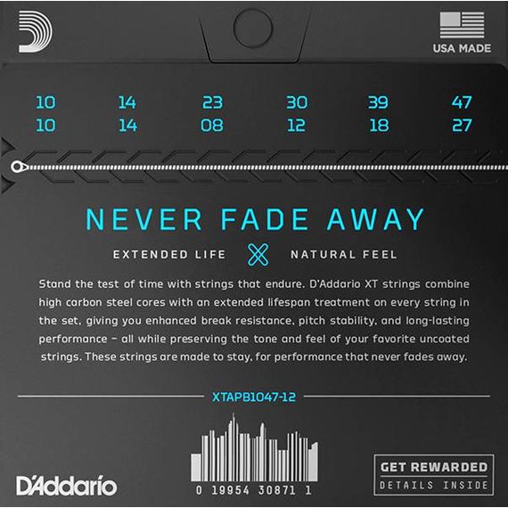 D'ADDARIO XTAPB1047-12 XT Комплект струн для 12-струнной акустической гитары, фосф.бронза, 10-47, с покрытием