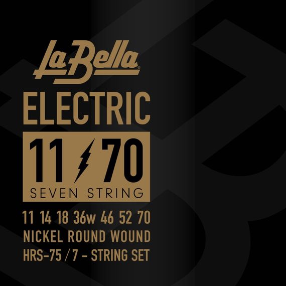 LA BELLA HRS-75 Hard Rockin Steel Комплект струн для 7-ми струнной электро-гитары. Верхние струны - сталь, басовые струны - стальной керн в никелированной оплетке. Обладают очень ярким и продолжительным звуком. 11-14-18-28-38-52-70
