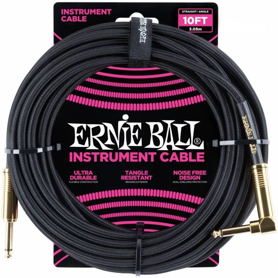 ERNIE BALL 6081, 3.05м Инструментальный кабель прямой/угловой джеки, чёрный