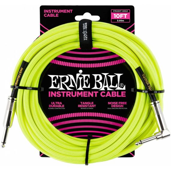 ERNIE BALL 6080, 3.05м Инструментальный кабель прямой/угловой джеки, желтый неон