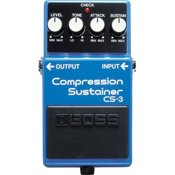 BOSS CS-3 Гитарный эффект. Регуляторы Level, Tone, Attack и Sustain. Индикатор Check. Разъемы: вход/
